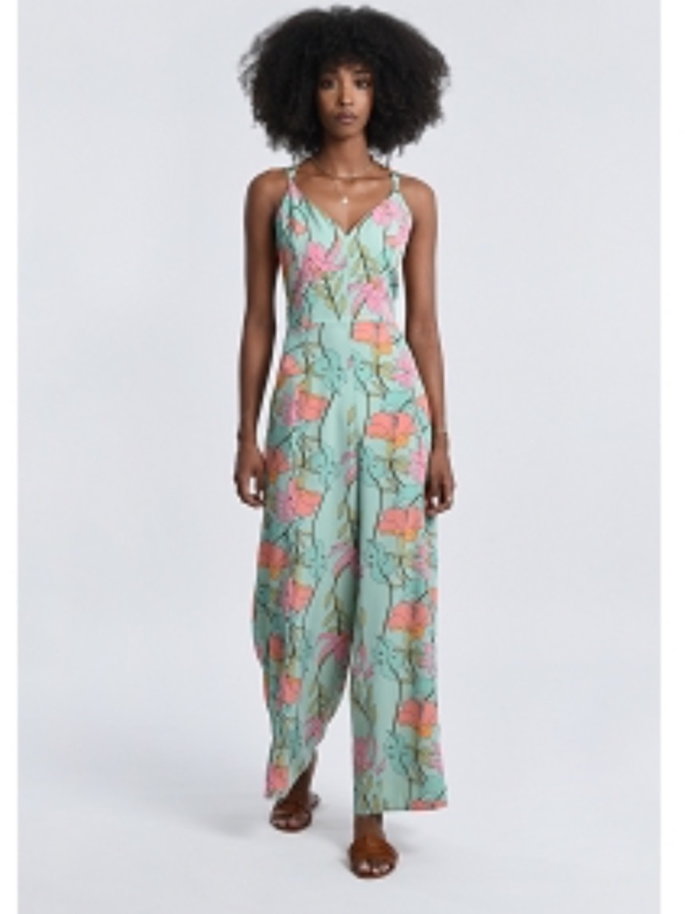 Molly Bracken Mint Floral Adjustablr Spaghetti-Strap Wide-Leg Jumpsuit